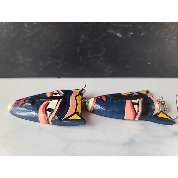 Painted Wooden Dangling Cat Face Earrings Vintage Costume Jewelry New Old Stock - Picture 6 of 10